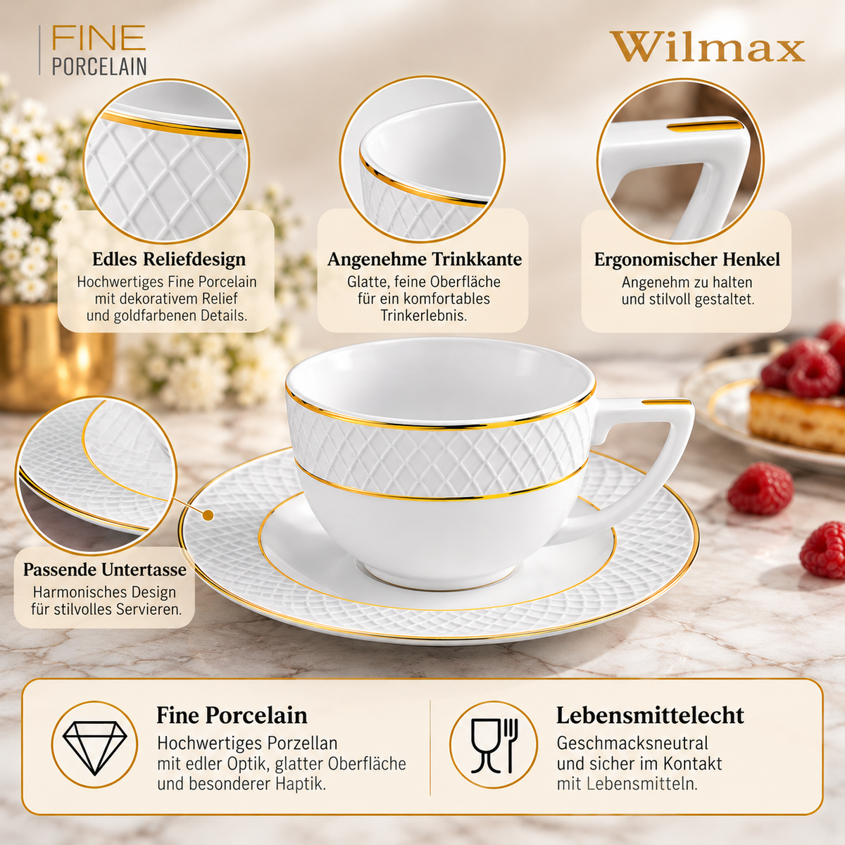 Wilmax Cappuccinotasse mit Untertasse 170 ml 2er-Set Weiß mit goldfarbenem Dekor aus Porzellan