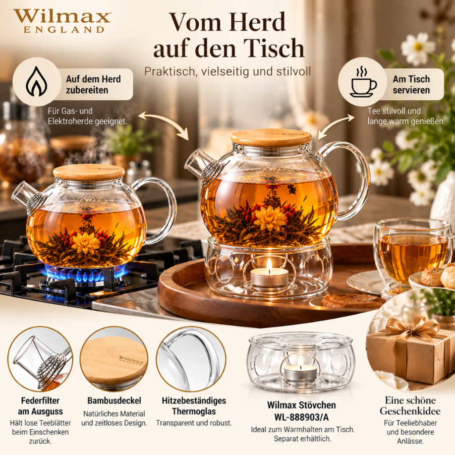 Wilmax Teekanne 1500 ml mit Federfilter und Bambusdeckel Transparent aus Thermoglas