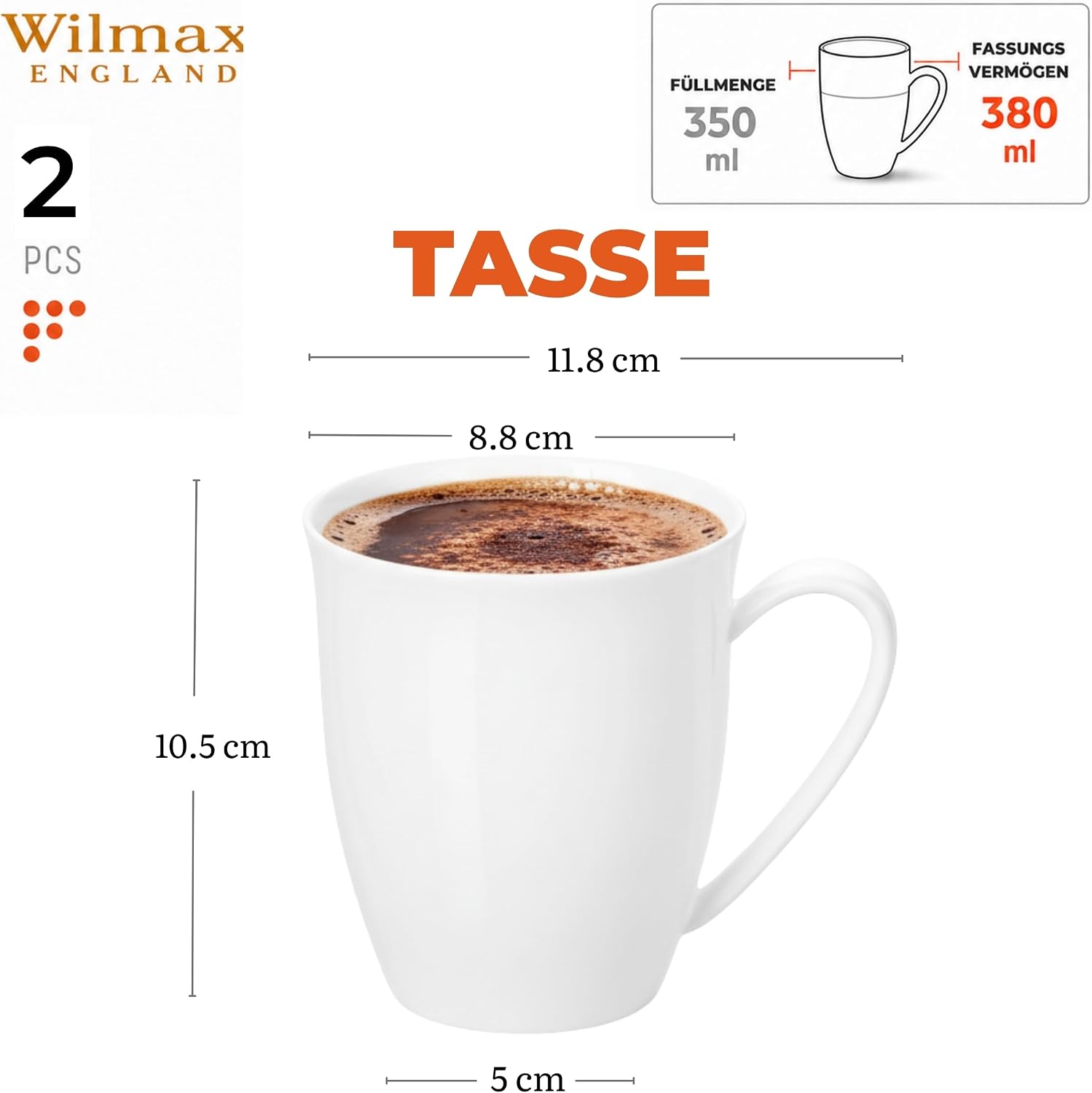 Wilmax Tasse 380 ml 2er-Set Weiß aus Porzellan