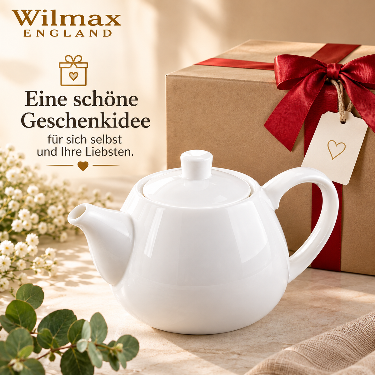 Wilmax Kaffee- und Teekanne mit integriertem Ausgusssieb 1000 ml Weiß aus Porzellan