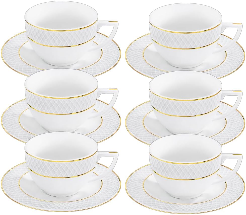 Wilmax Cappuccinotasse mit Untertasse 170 ml 6er-Set Weiß mit goldfarbenem Dekor aus Porzellan