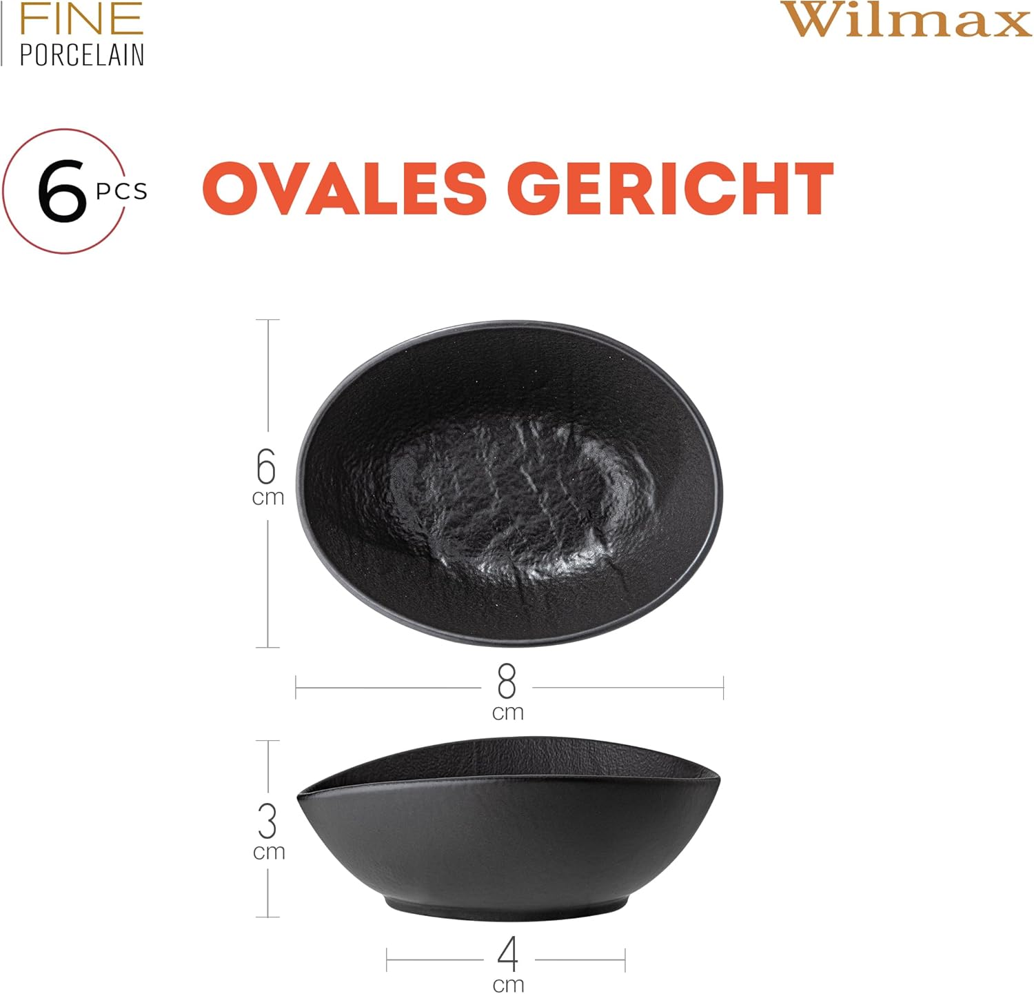 Wilmax Ovale Schale 8 × 6 × 3 cm Schwarz aus Porzellan