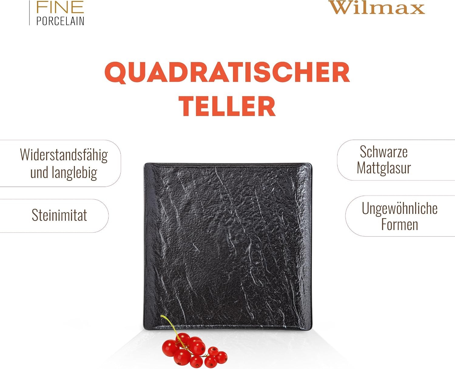 Wilmax Quadratische Servierplatte 17 × 17 cm 6er-Set Schwarz aus Porzellan