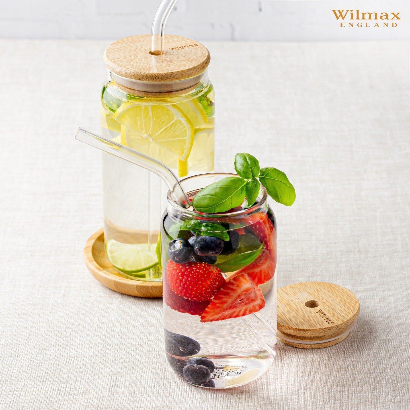 Wilmax Glasbecher 500 ml mit Deckel und Trinkhalm Transparent