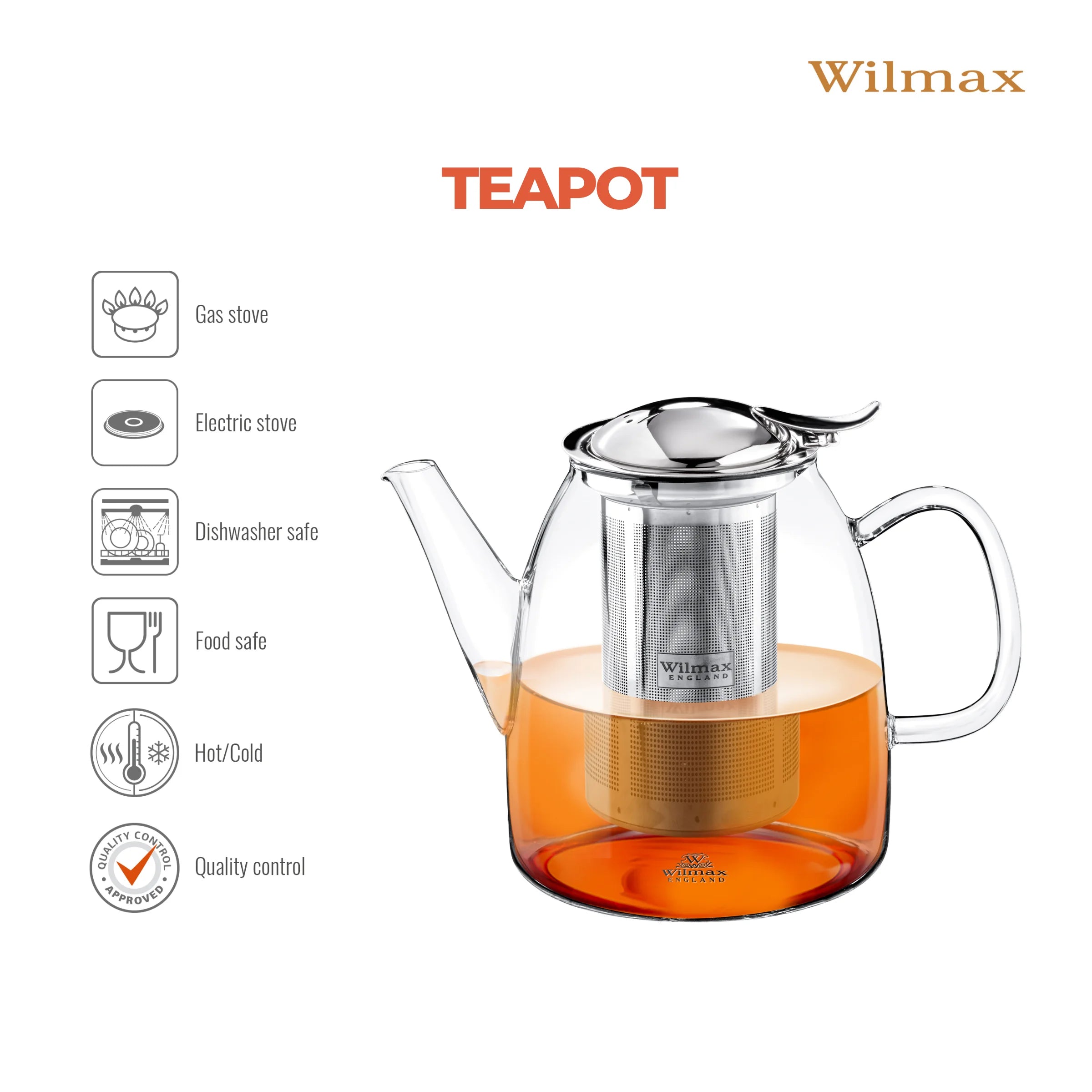 Wilmax Teekanne 950 ml mit Edelstahlfilter Transparent aus Thermoglas