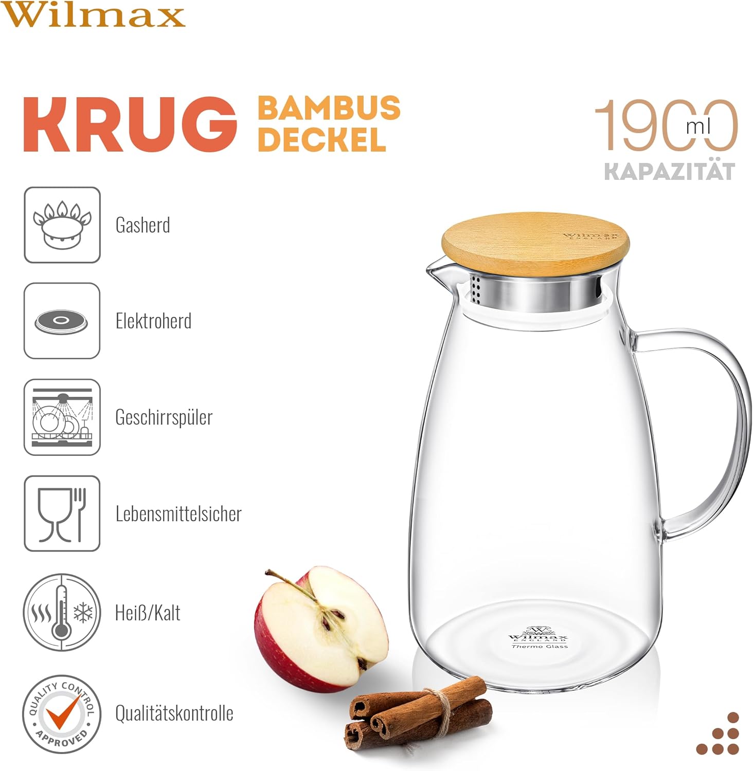 Wilmax Krug 1900 ml mit Bambusdeckel Transparent aus Thermoglas