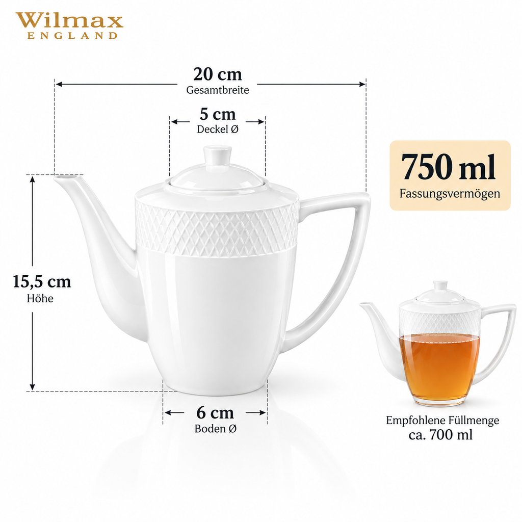 Wilmax Kaffee- und Teekanne mit integriertem Ausgusssieb mit integriertem Ausgusssieb 750 ml Weiß aus Porzellan
