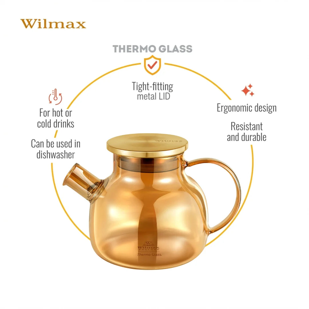 Wilmax Teekanne 950 ml  mit Federfilter und mit Edelstahldeckel Gold aus Thermoglas