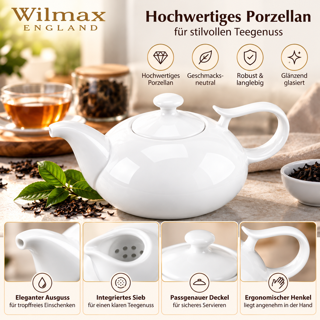 Wilmax Kaffee- und Teekanne mit integriertem Ausgusssieb 1150 ml Weiß aus Porzellan