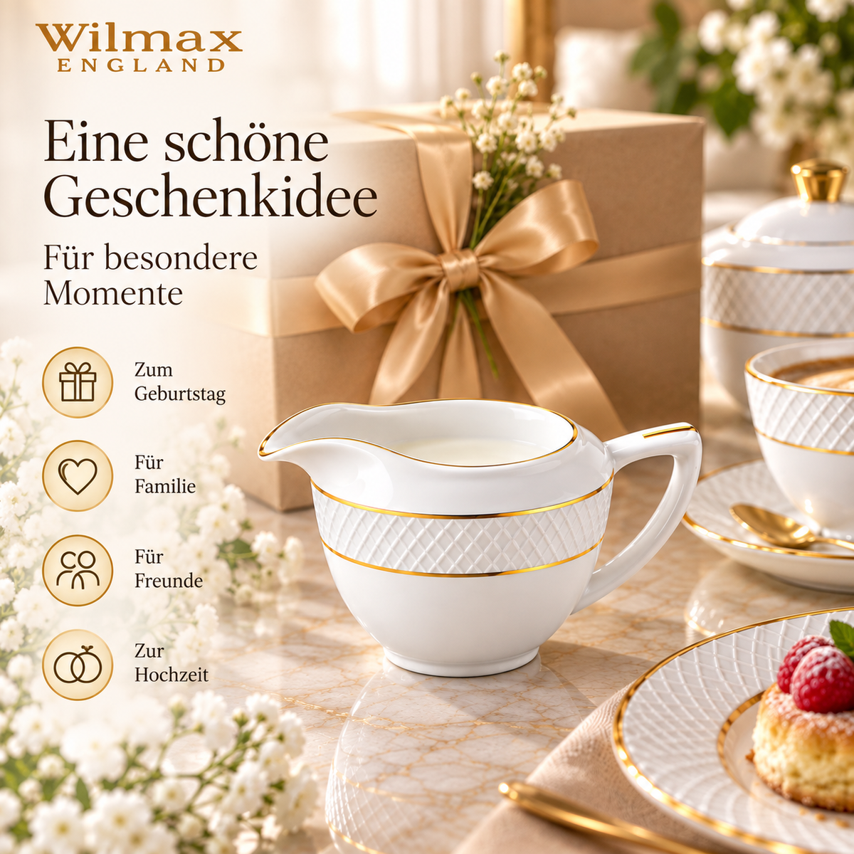 Wilmax Milchkännchen 280 ml Weiß mit Golddekor aus Porzellan