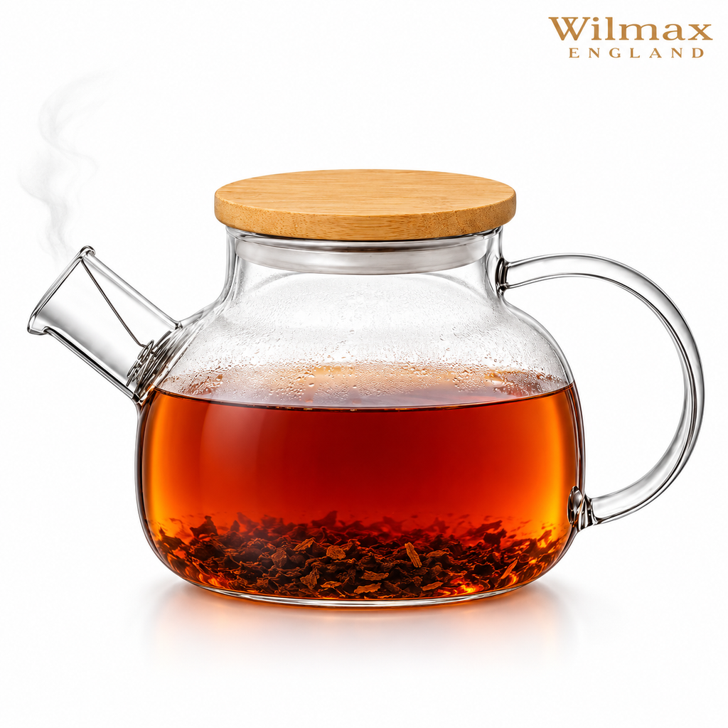 Wilmax Teekanne 950 ml mit Federfilter und Bambusdeckel Transparent aus Thermoglas