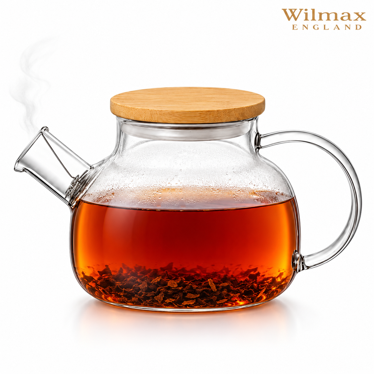 Wilmax Teekanne 950 ml mit Federfilter und Bambusdeckel Transparent aus Thermoglas