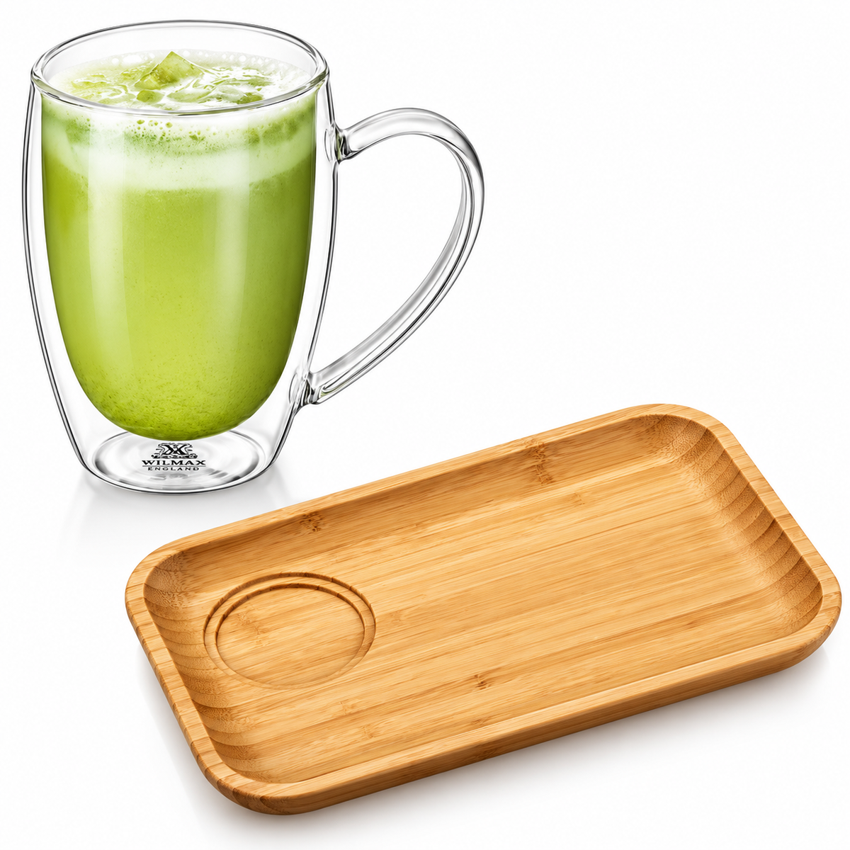 Wilmax Servierset 2-teilig mit Bambusteller 28 × 17,5 cm und Thermoglas 250 ml