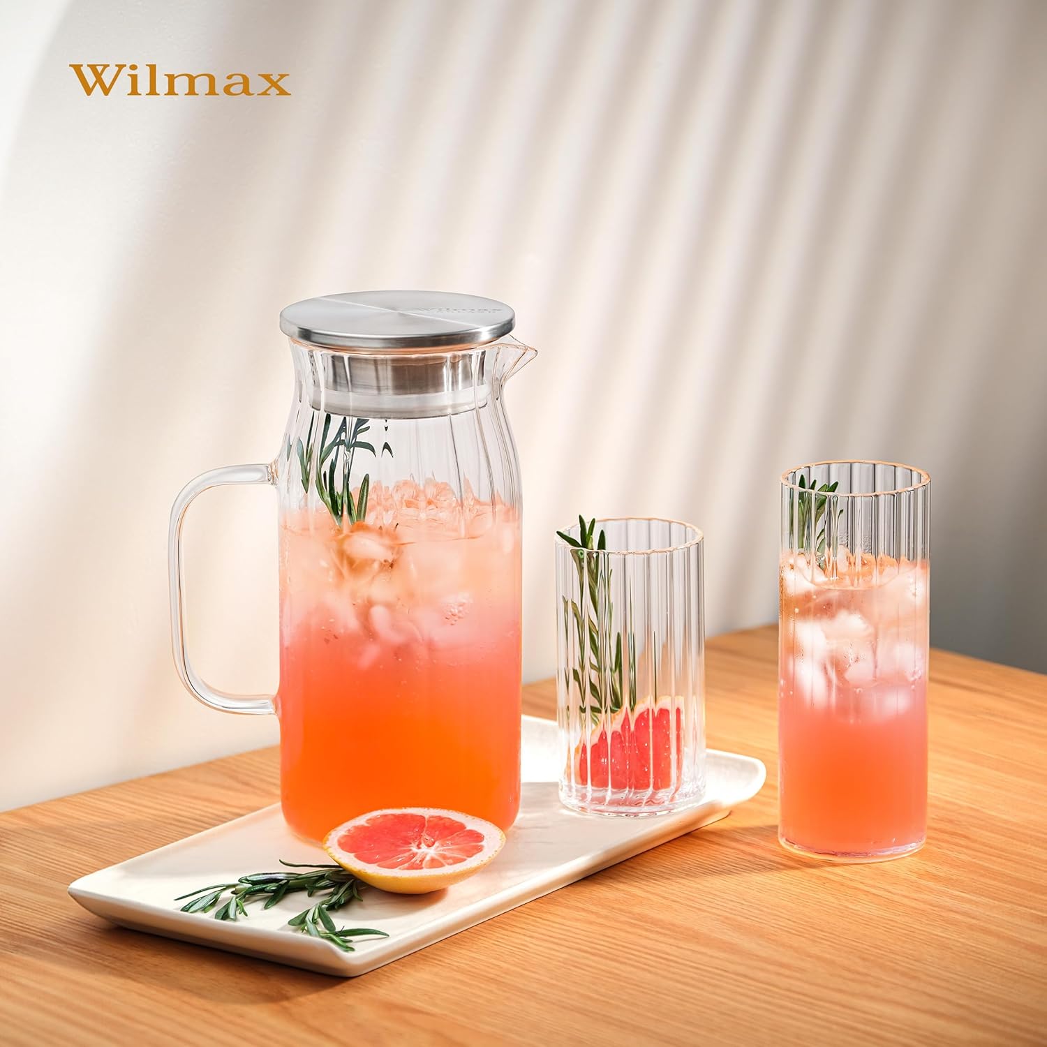 Wilmax Krug 1000 ml mit Edelstahldeckel Transparent aus Thermoglas