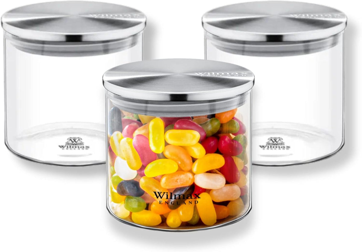 Wilmax Vorratsglas 600 ml mit Edelstahldeckel 3er-Set Transparent