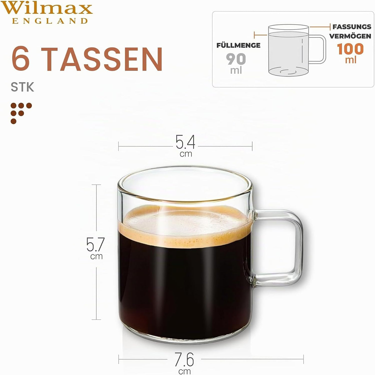 Wilmax Glastasse 100 ml 6er-Set Transparent aus Borosilikatglas