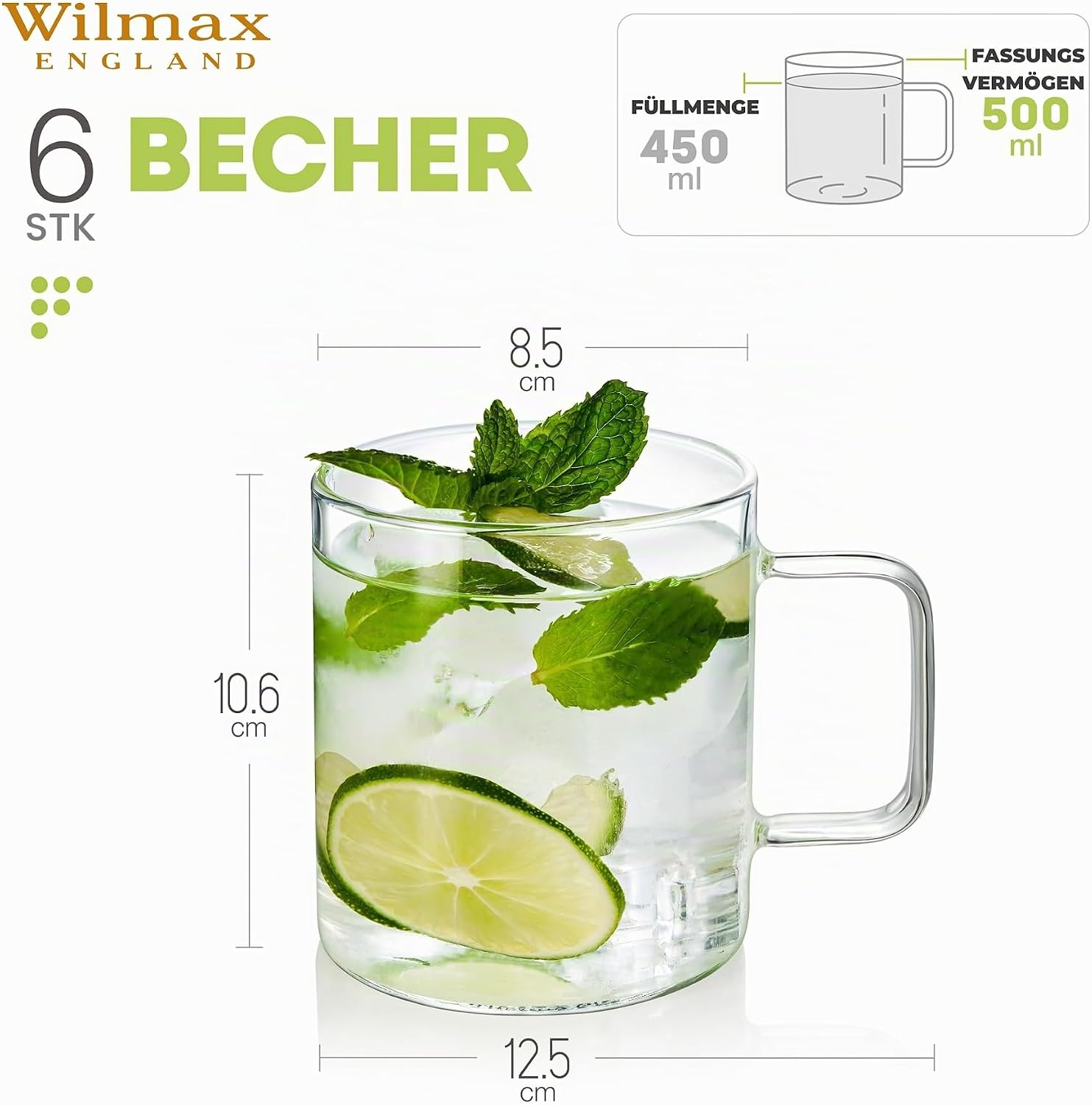 Wilmax Glastasse 500 ml 6er-Set Transparent aus Borosilikatglas