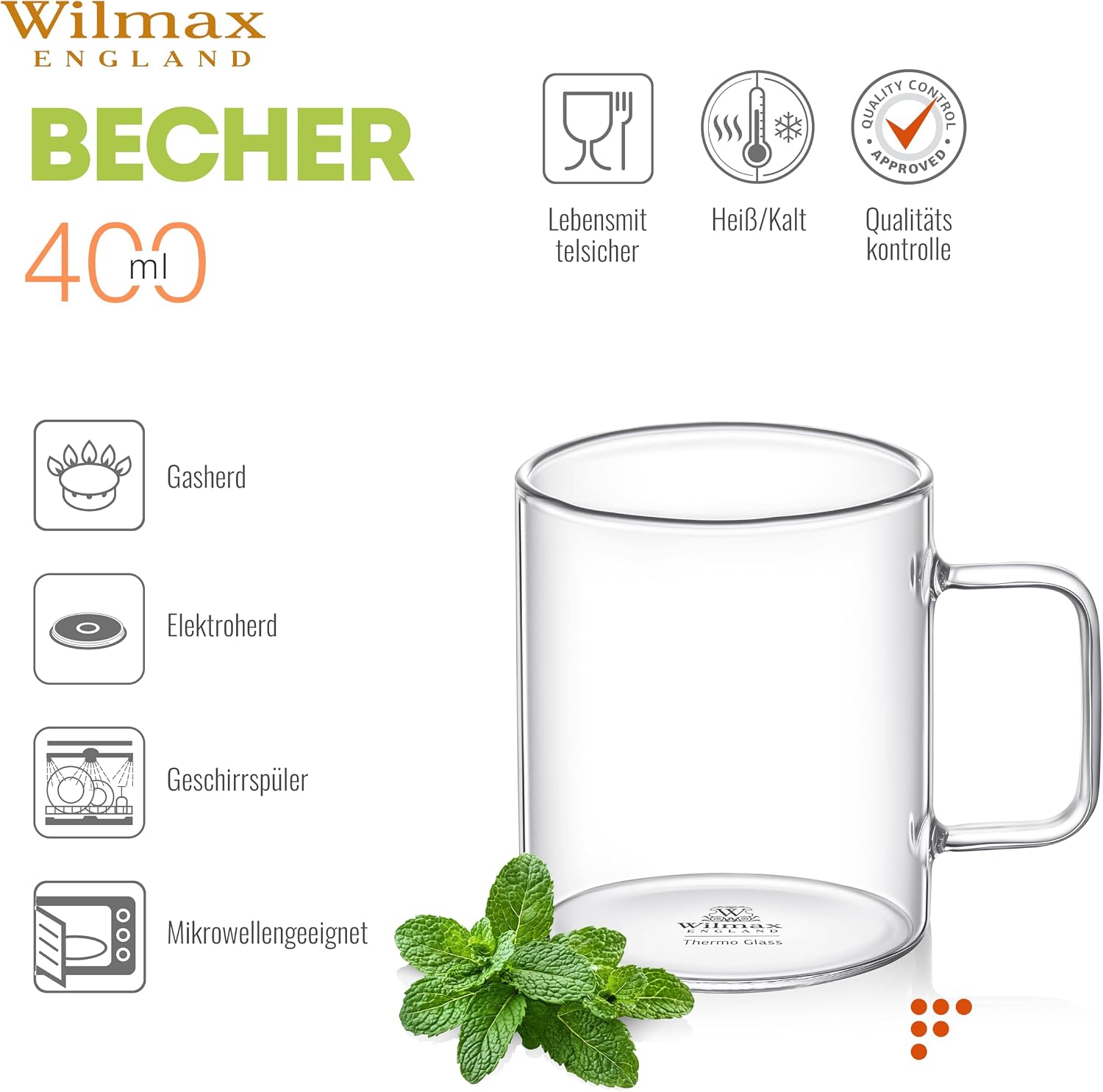 Wilmax Kaffeetasse 400 ml 6er-Set Transparent aus Borosilikatglas