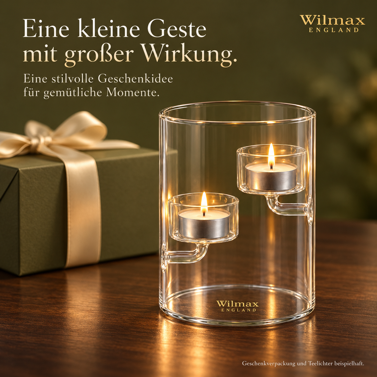 Wilmax Teelichthalter für 2 Teelichter 12 cm Transparent aus Glas