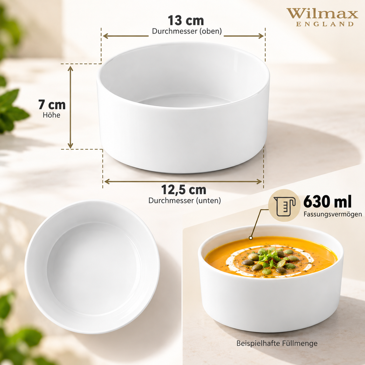 Wilmax Schale 630 ml 13 cm Weiß aus Porzellan