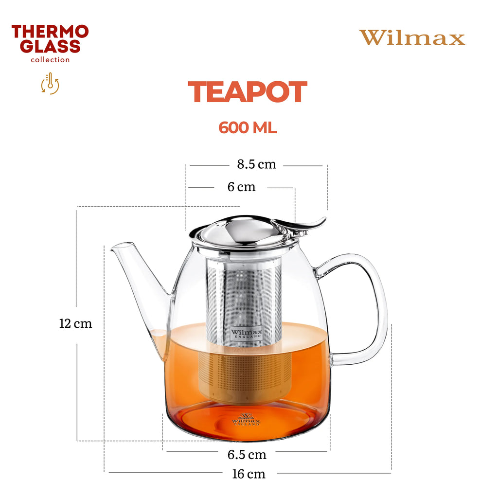 Wilmax Teekanne 600 ml mit Edelstahlfilter Transparent aus Thermoglas