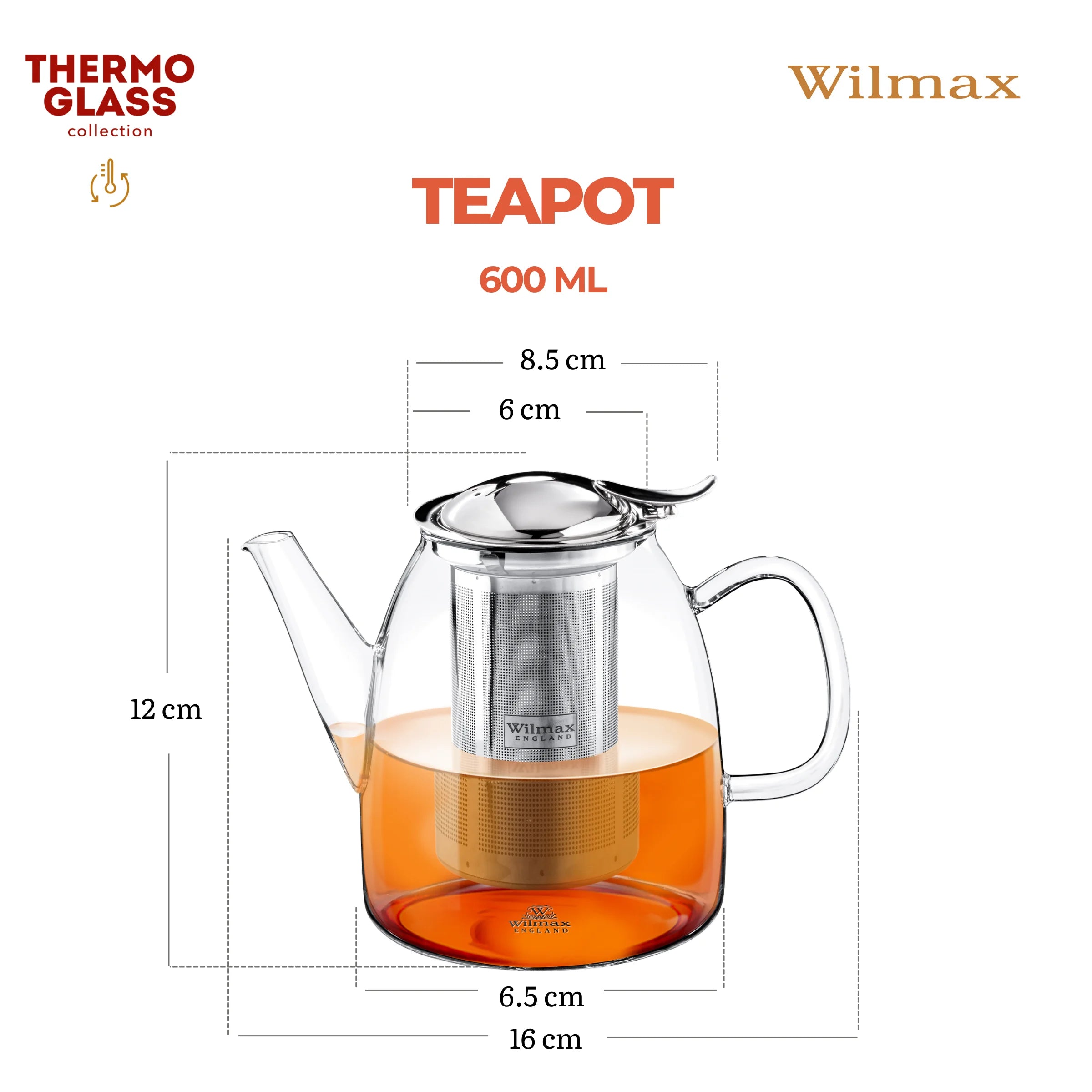 Wilmax Teekanne 600 ml mit Edelstahlfilter Transparent aus Thermoglas