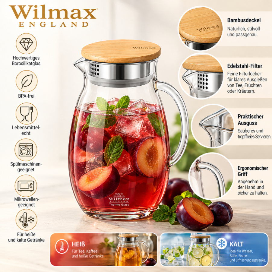 Wilmax Getränkeset 7-teilig mit Krug 1900 ml und 6 Thermogläsern 310 ml
