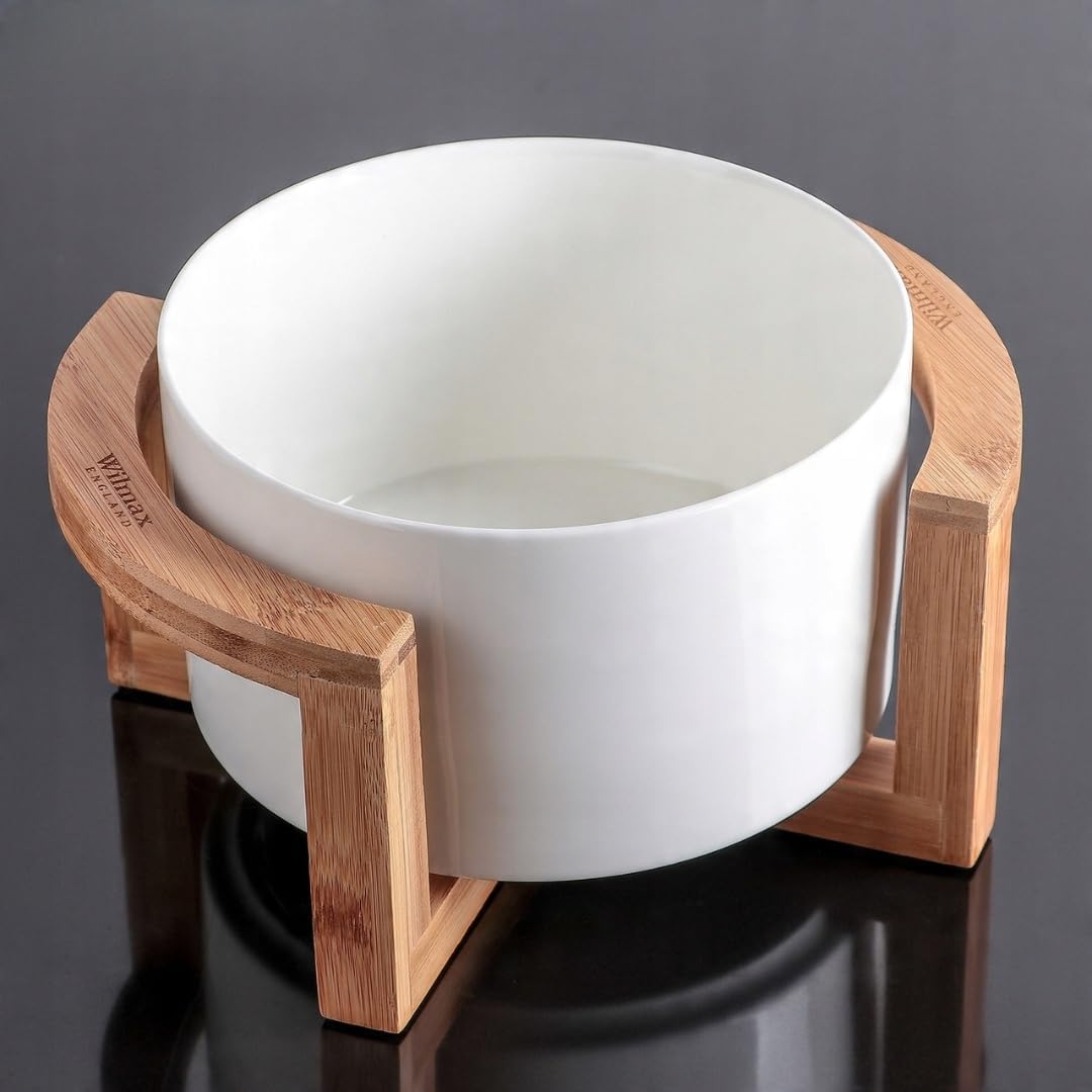 Wilmax Servierset 2-teilig mit Schüssel 18 cm mit Bambusständer Weiß aus Porzellan