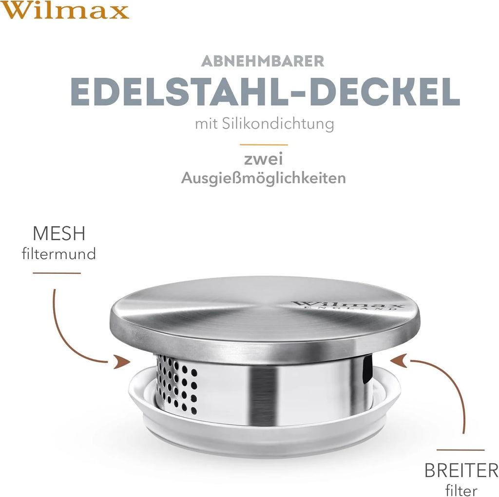 Wilmax Getränkeset 7-teilig mit Krug 1500 ml mit Edelstahldeckel und 6 hitzebeständige Glasbecher mit Henkel 400 ml aus Glas