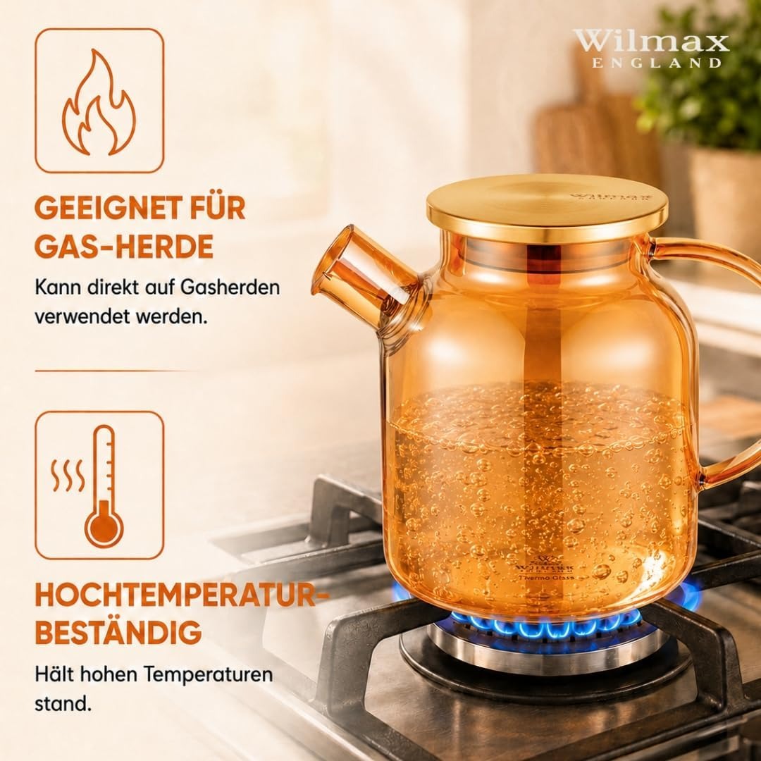 Wilmax Teekanne 1600 ml mit Federfilter und mit Edelstahldeckel Gold aus Thermoglas