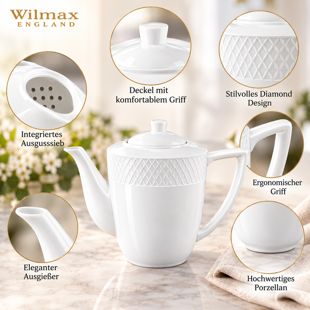 Wilmax Kaffee- und Teekanne mit integriertem Ausgusssieb mit integriertem Ausgusssieb 750 ml Weiß aus Porzellan