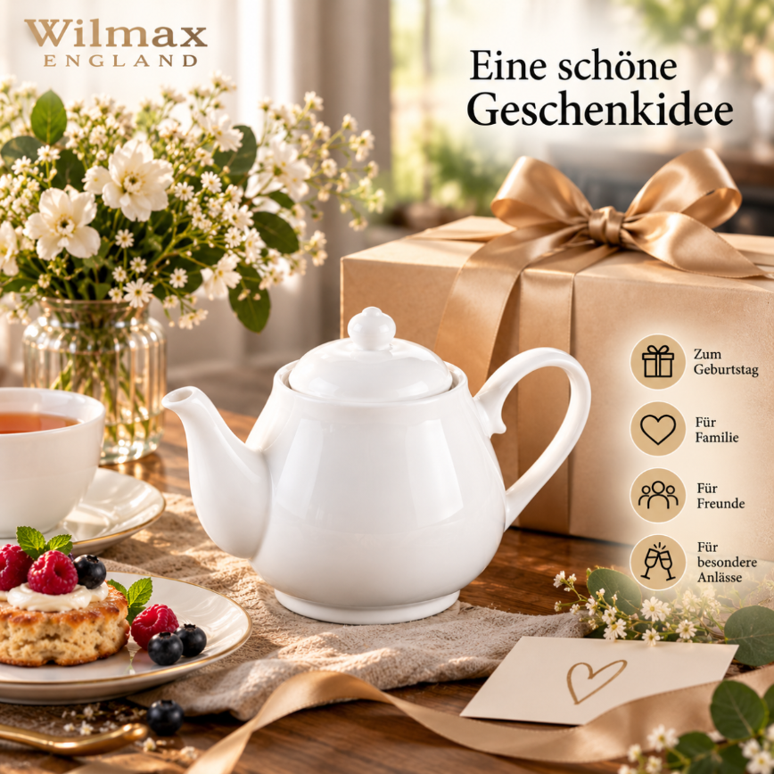 Wilmax Kaffee- und Teekanne mit integriertem Ausgusssieb 850 ml Weiß aus Porzellan