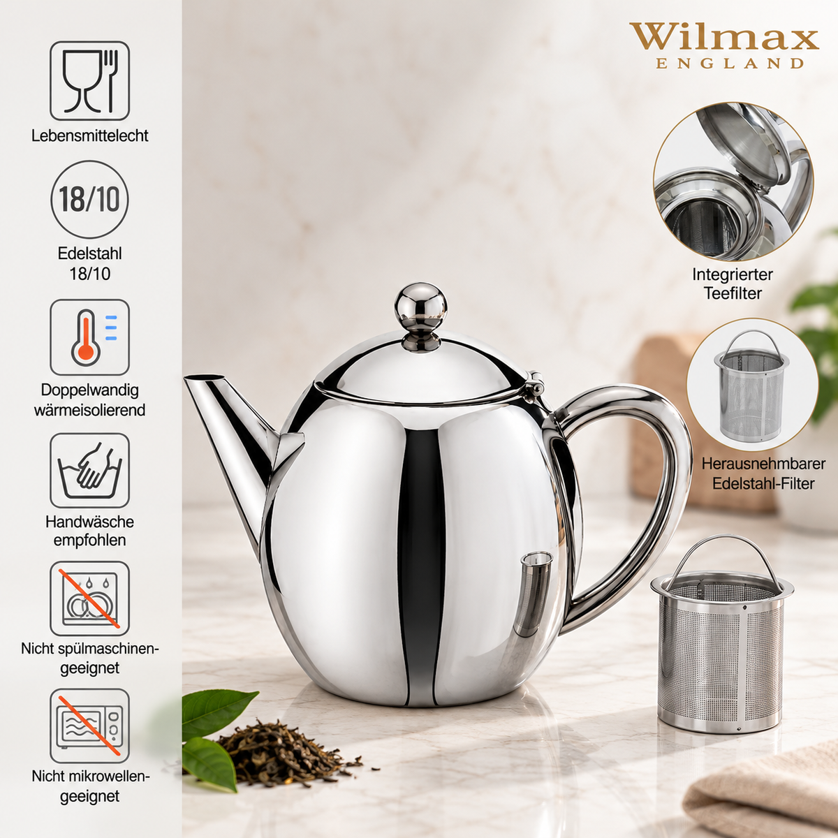 Wilmax Isolierkanne 1200 ml Doppelwandig aus Edelstahl mit Teefilter Silber