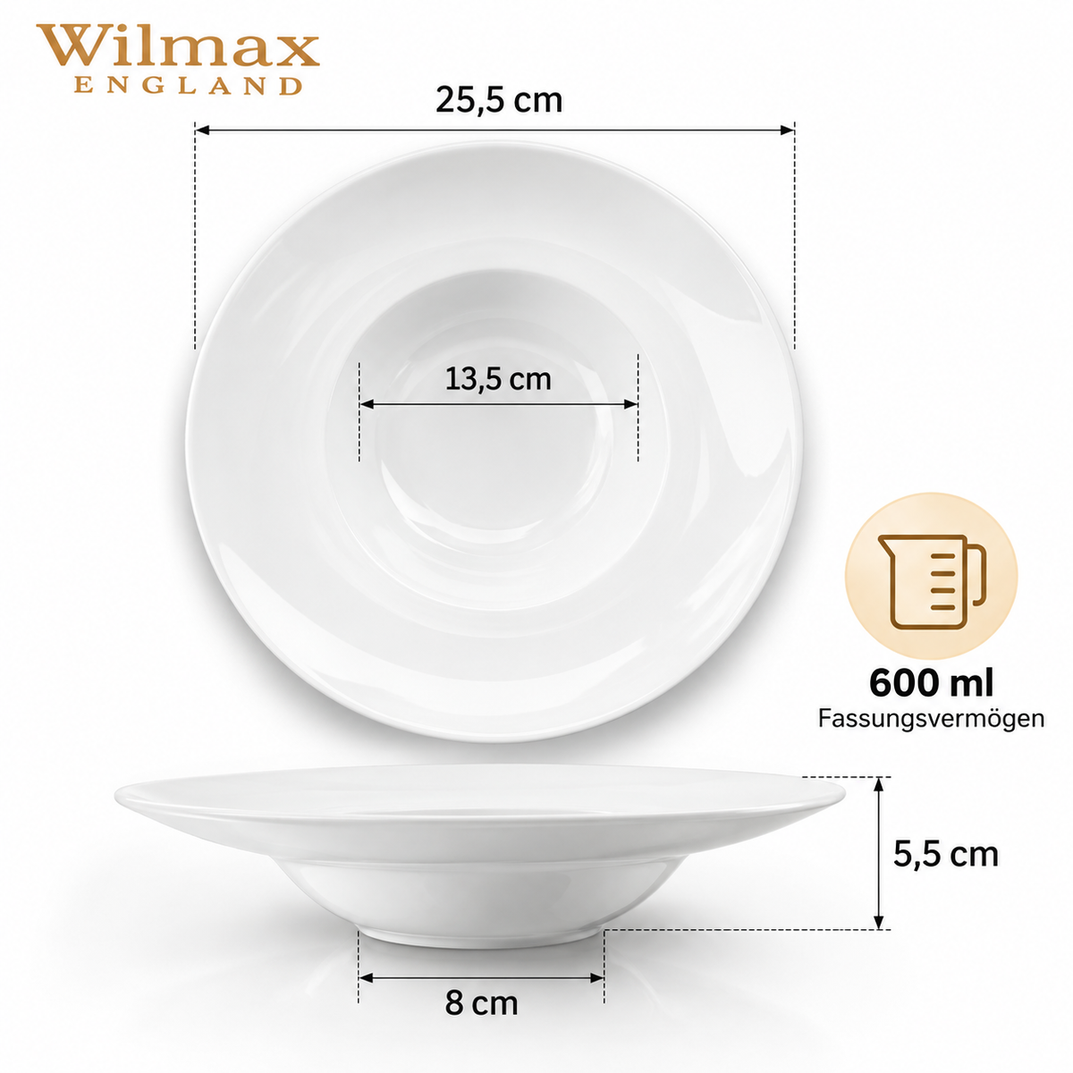 Wilmax Tiefer Teller 25,5 cm 600 ml 2er-Set Weiß aus Porzellan