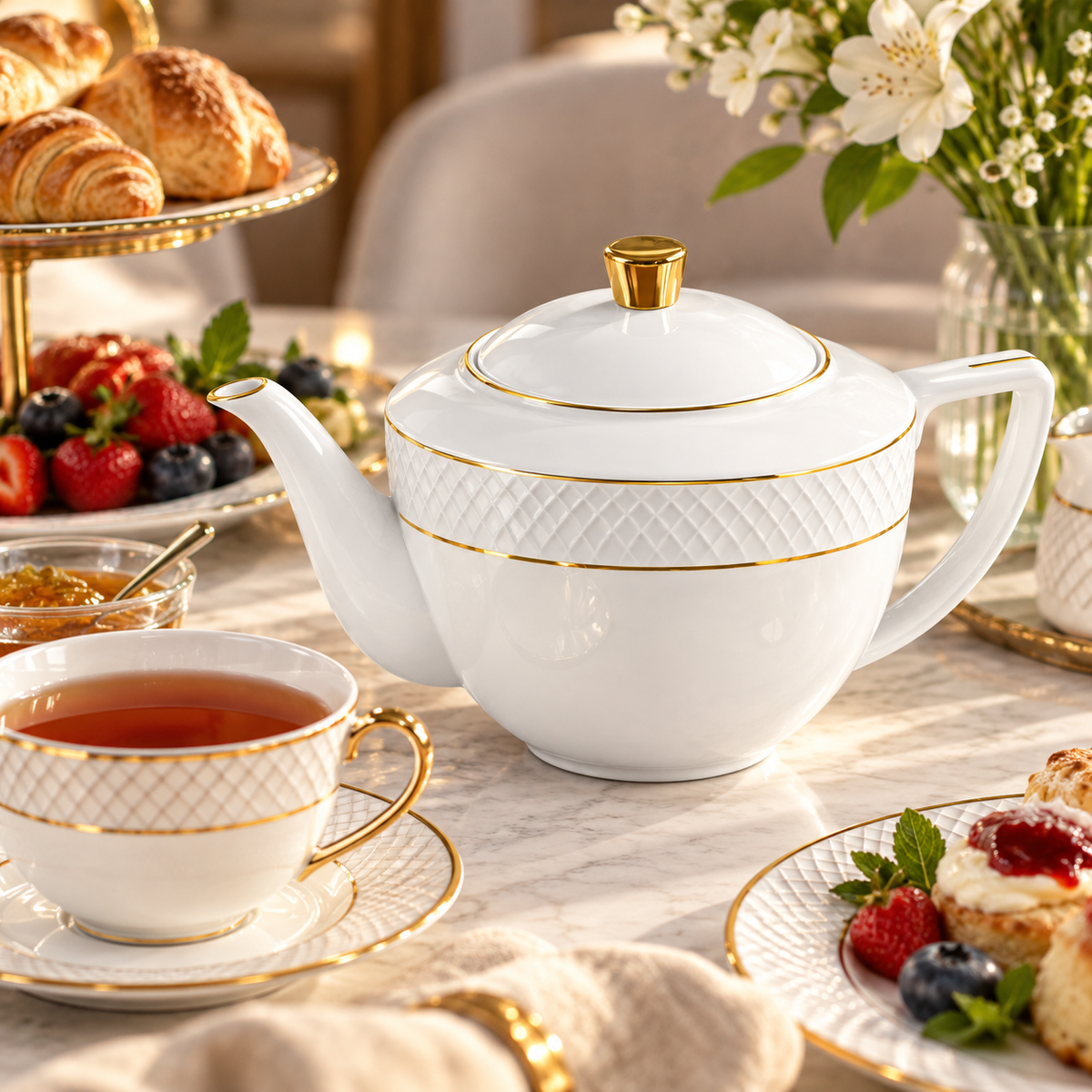 Wilmax Kaffee- und Teekanne mit integriertem Ausgusssieb 900 ml Weiß mit Golddekor aus Porzellan