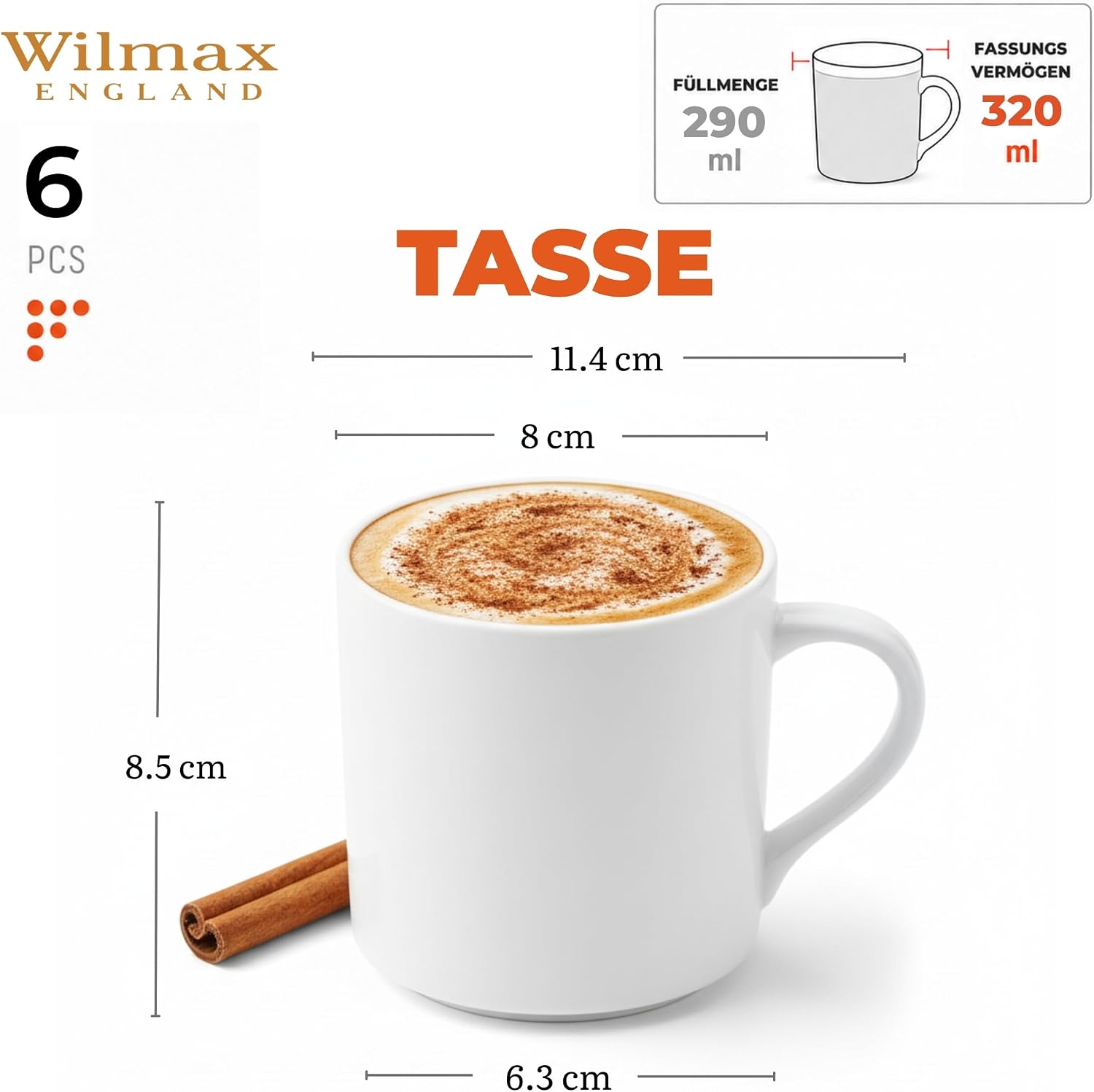 Wilmax Becher 320 ml 6er-Set Weiß aus Porzellan