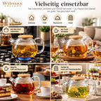 Wilmax Teekanne 1500 ml mit Federfilter und Bambusdeckel Transparent aus Thermoglas