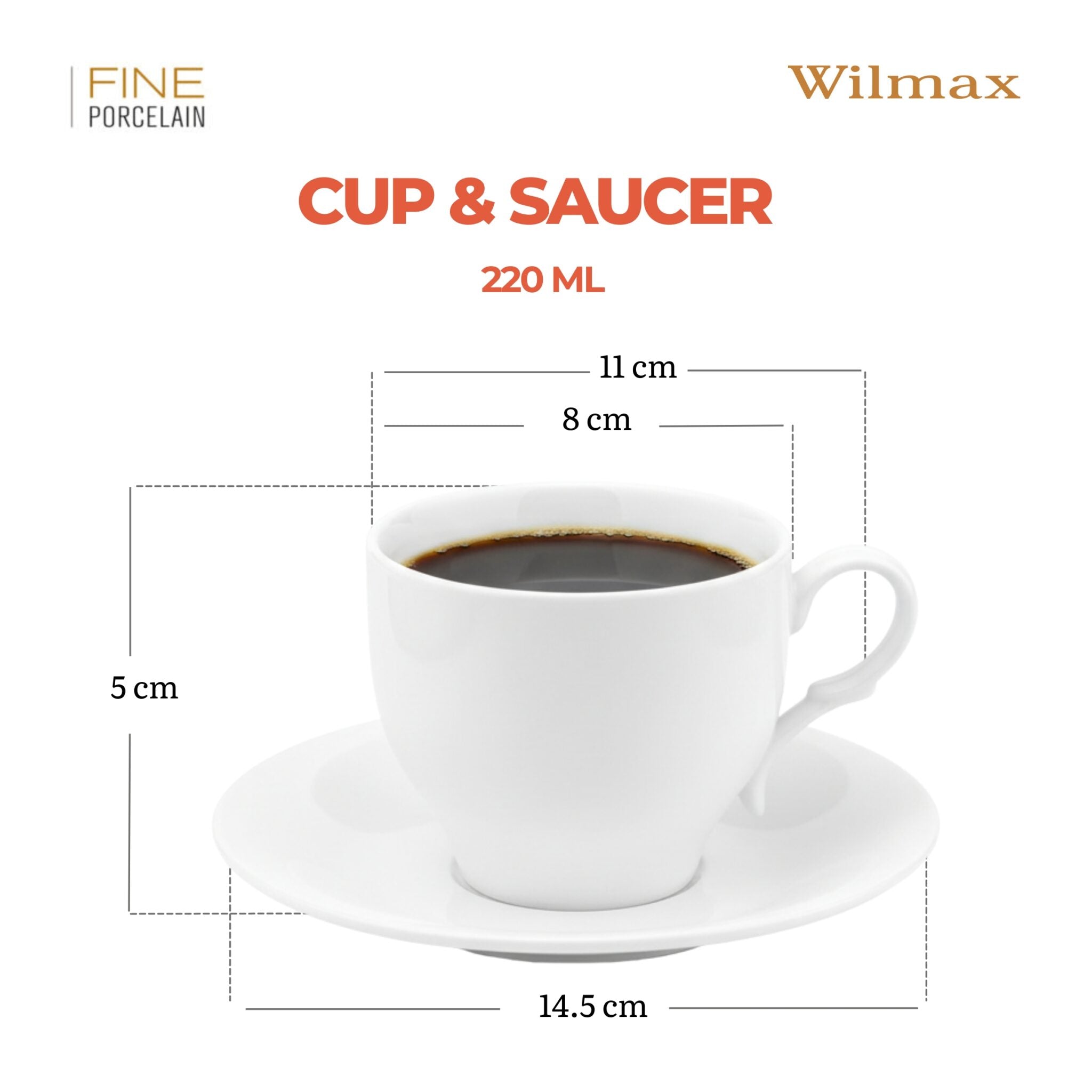 Wilmax Tasse mit Untertasse 220 ml Weiß aus Porzellan