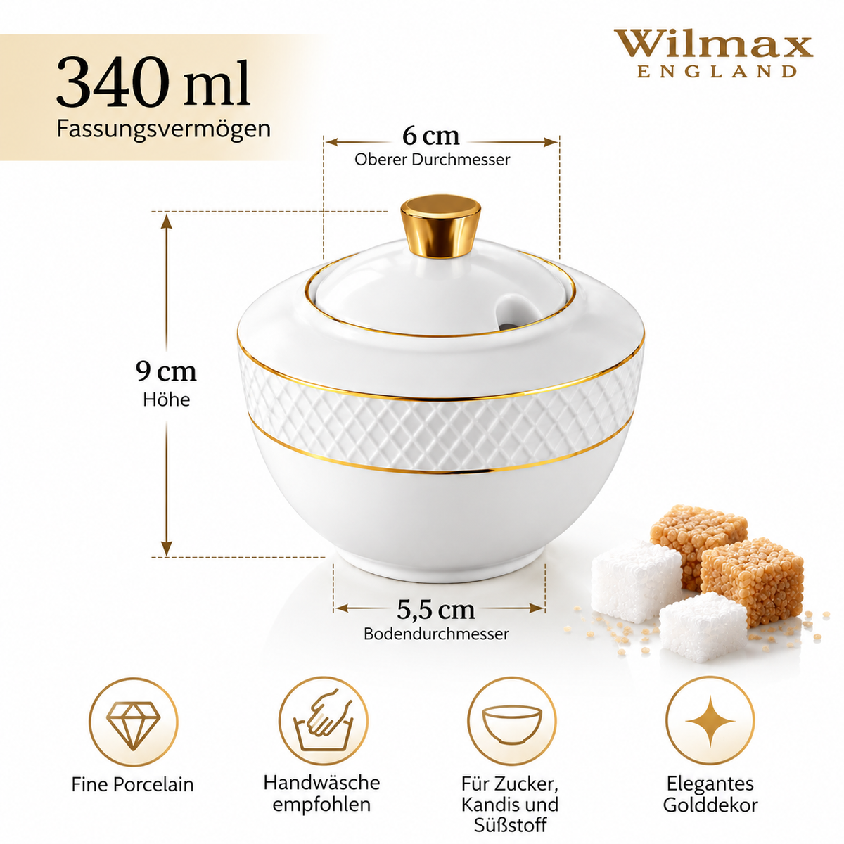 Wilmax Zuckerdose 340 ml Weiß mit Golddekor aus Porzellan