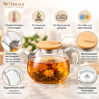 Wilmax Teekanne 1500 ml mit Federfilter und Bambusdeckel Transparent aus Thermoglas
