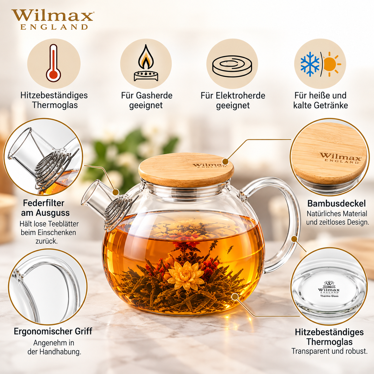 Wilmax Teekanne 1500 ml mit Federfilter und Bambusdeckel Transparent aus Thermoglas