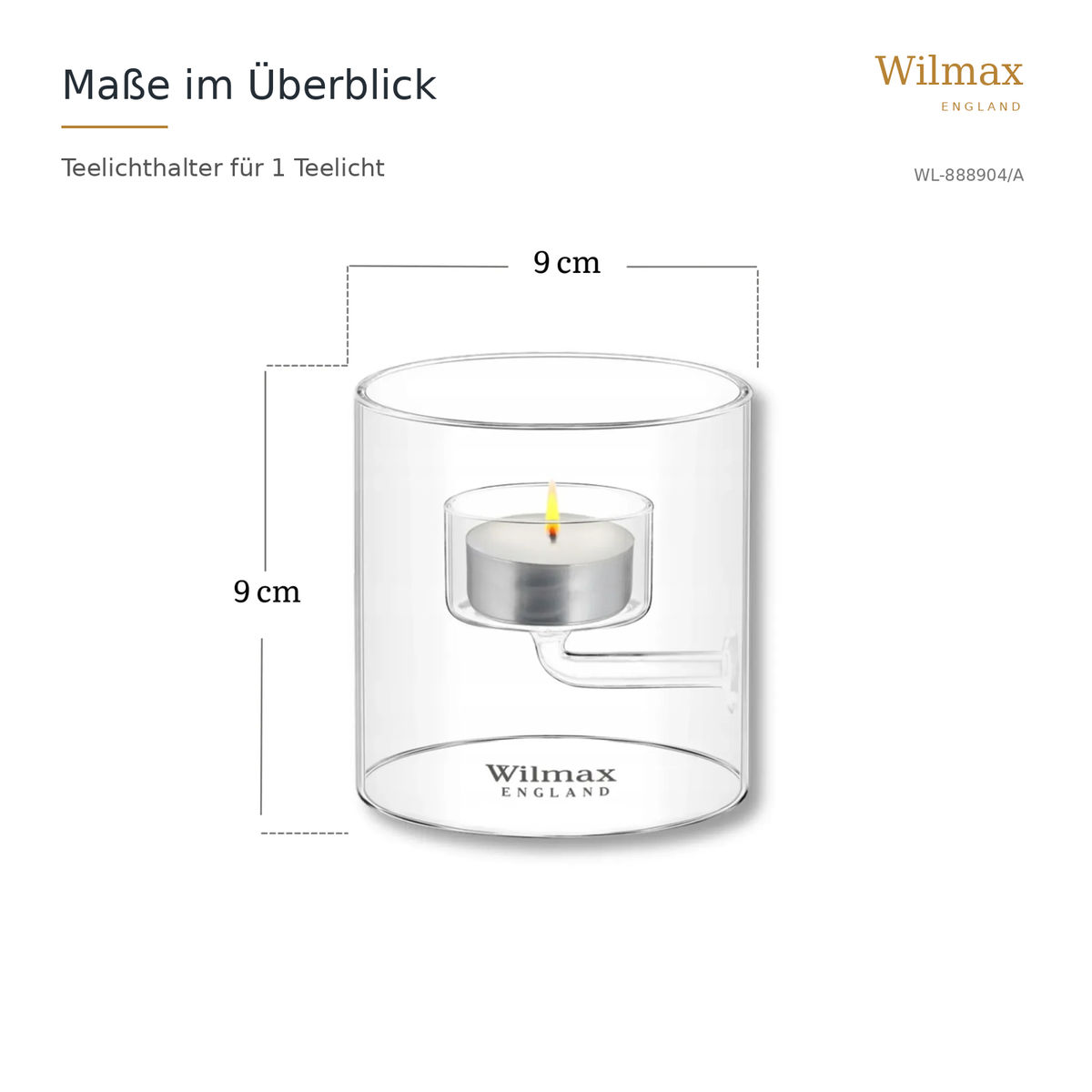 Wilmax Teelichthalter für 1 Teelicht 9 cm Transparent aus Glas