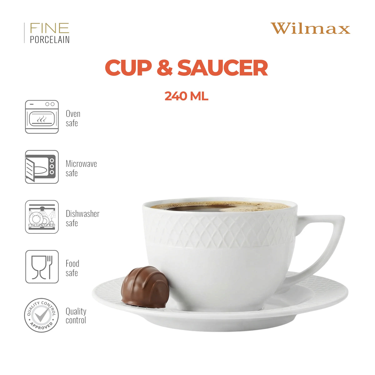Wilmax Tasse mit Untertasse 240 ml Weiß aus Porzellan