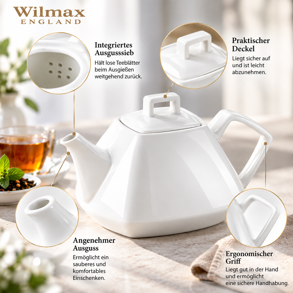 Wilmax Kaffee- und Teekanne mit integriertem Ausgusssieb 1050 ml Weiß aus Porzellan