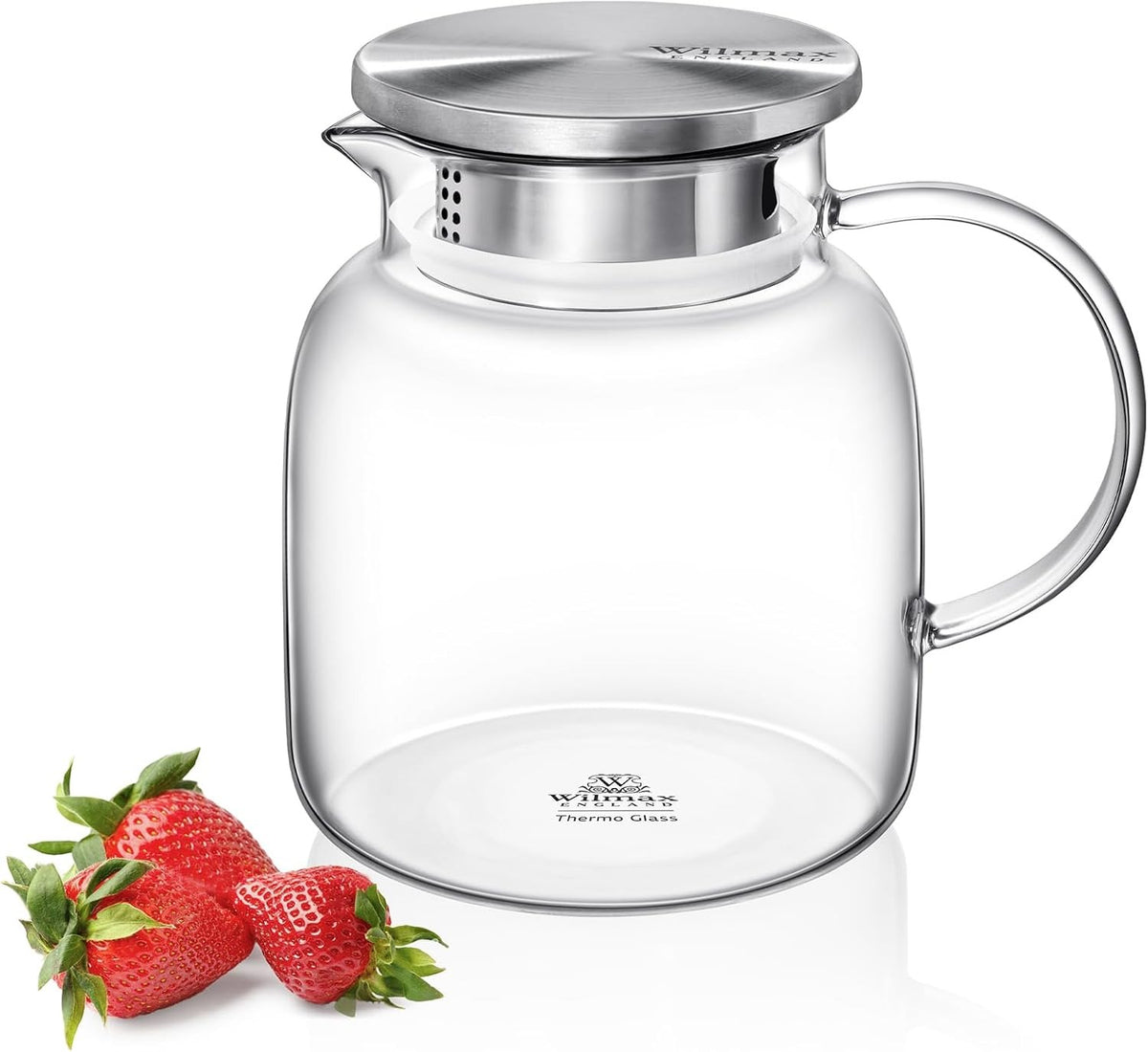Wilmax Krug 1000 ml mit Edelstahldeckel und Filter Transparent aus Thermoglas