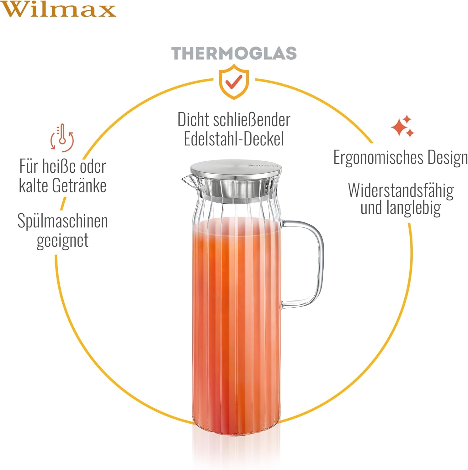 Wilmax Krug 1500 ml mit Edelstahldeckel Transparent aus Thermoglas