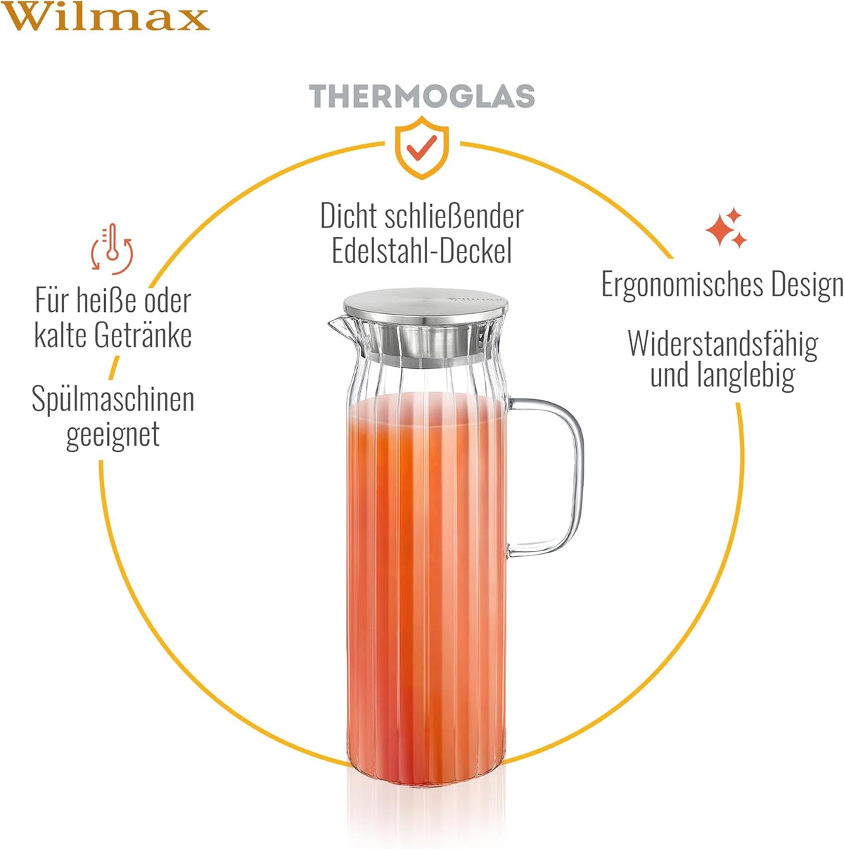 Wilmax Krug 1500 ml mit Edelstahldeckel Transparent aus Thermoglas