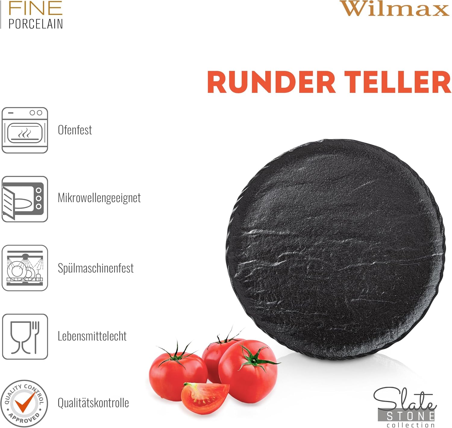 Wilmax Runde Platte 20,5 cm 3er-Set Schwarz aus Porzellan