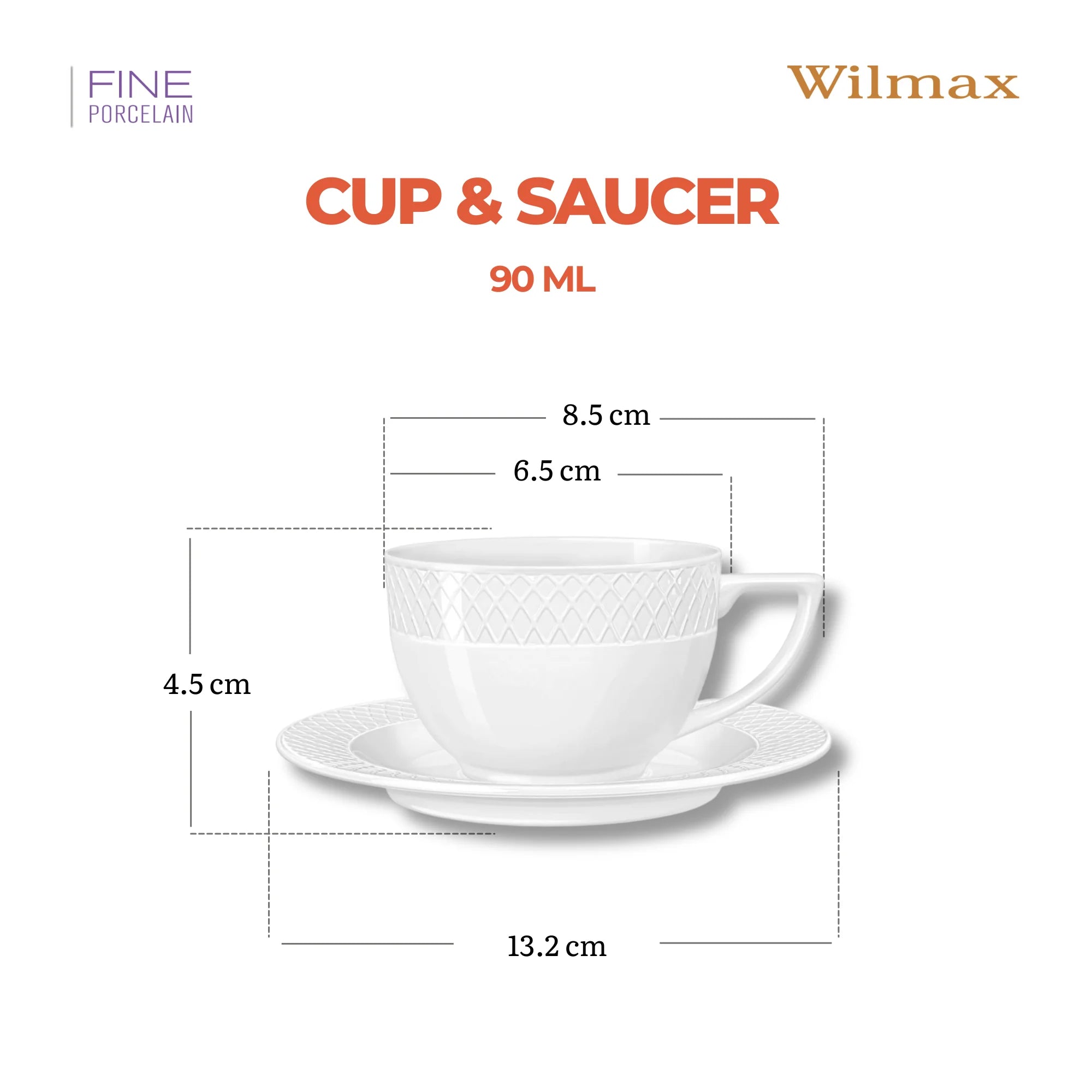 Wilmax Tasse mit Untertasse 90 ml 6er-Set Weiß aus Porzellan