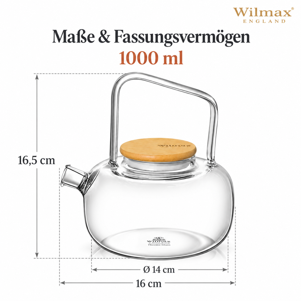 Wilmax Teekanne 1000 ml mit Federfilter und Bambusdeckel Transparent aus Thermoglas